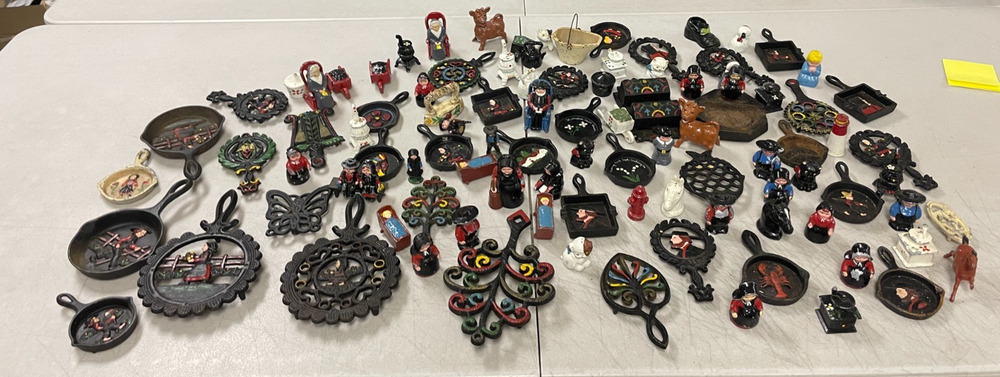 Huge Vtg Cast Iron Amish Pennsylvania Dutch Miniature Lot Trivet Skillet Figures